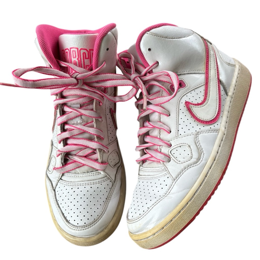 Big Girls Nike Force White and Pink High-Top Classic Sneakers